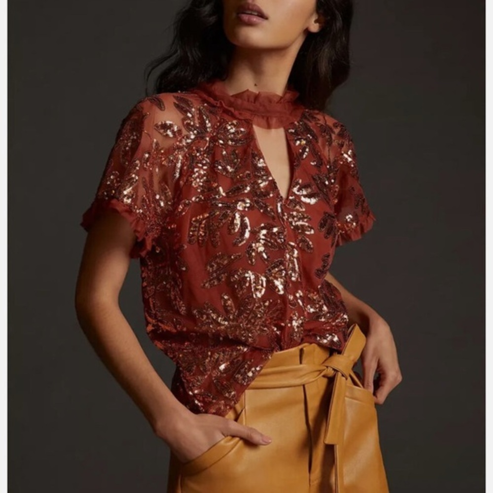 Anthropologie Sequin Embellished Top in Rust Flare Sleeve Size XS